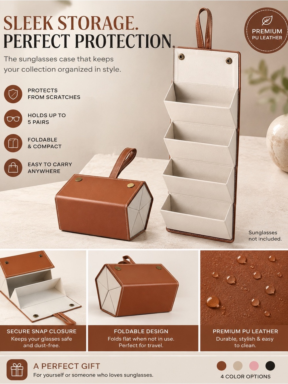 PU Leather Foldable Sunglasses Organizer Case – Brown